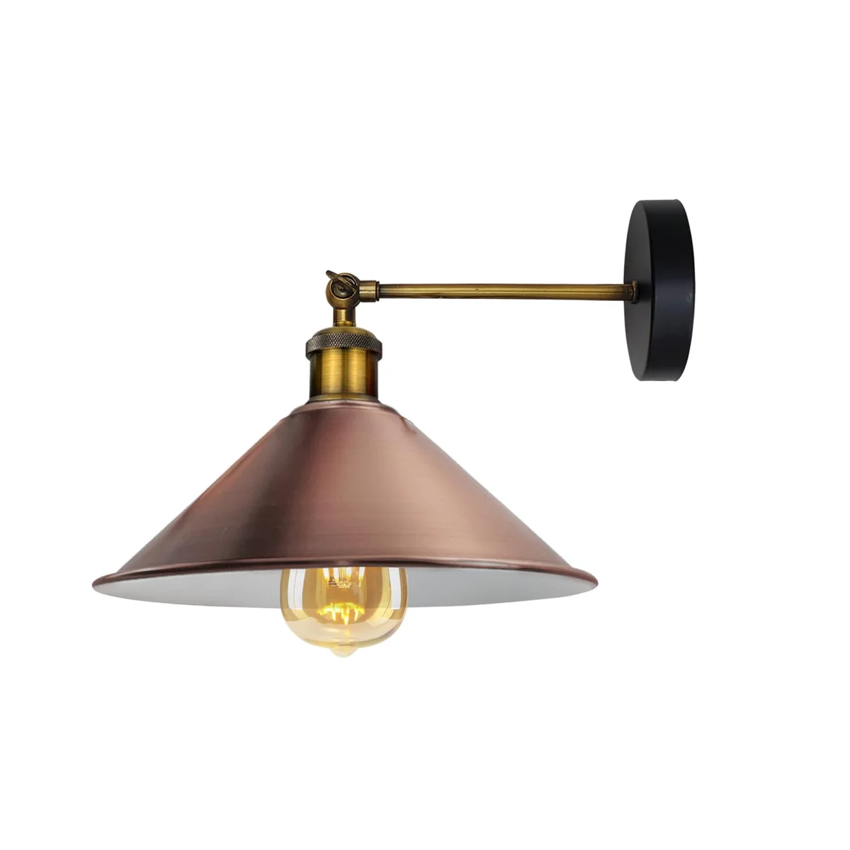 Vintage wall light with cone-shaped metal shade, antique design, and hardwired E27 base socket on indoor wall