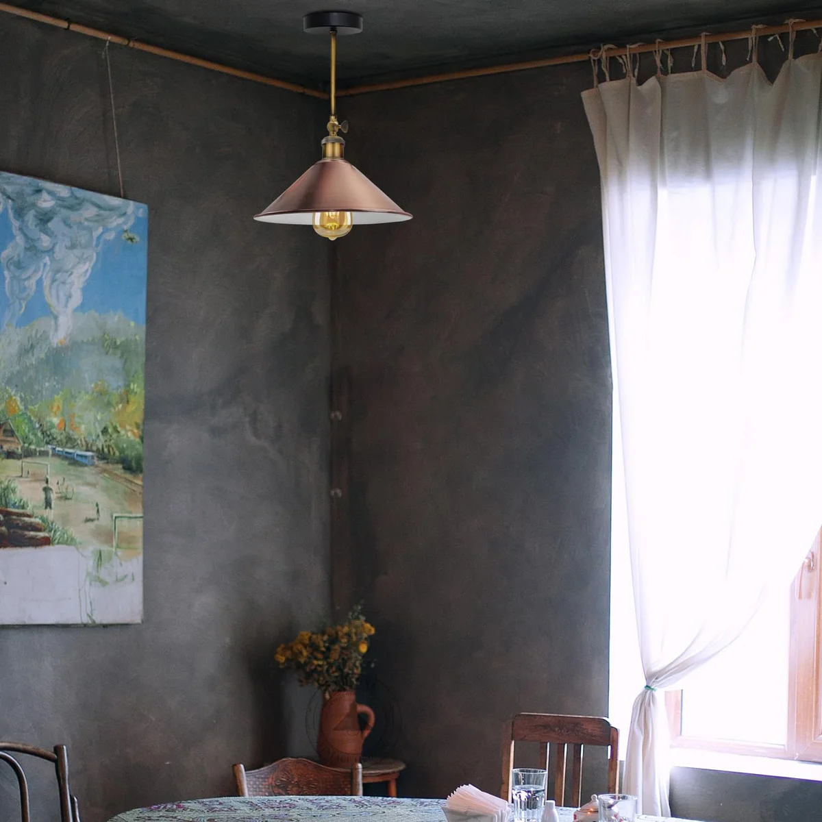 Vintage wall light with metal cone shade and arm, retro industrial indoor wall sconce in rustic design, no bulb included