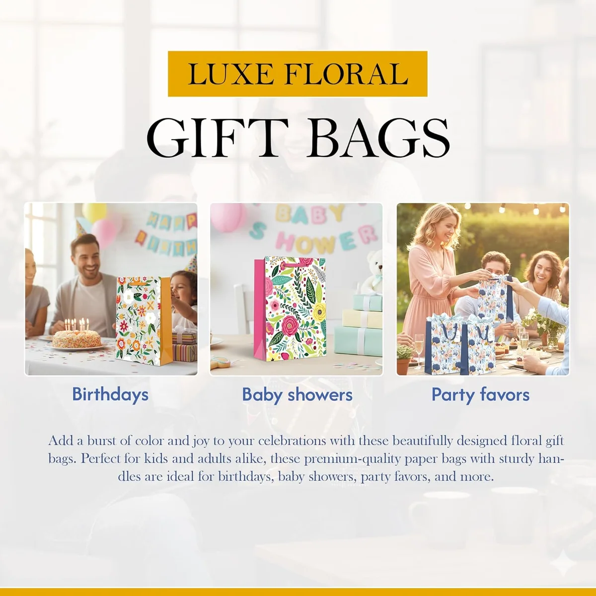 Assorted sizes and colours of matte finish gift bags with reinforced paper handles in a multipack of 12 luxury bags