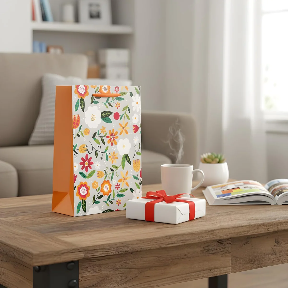 Assorted floral gift bags with handles in medium, small, and large sizes with matte finish in various colours