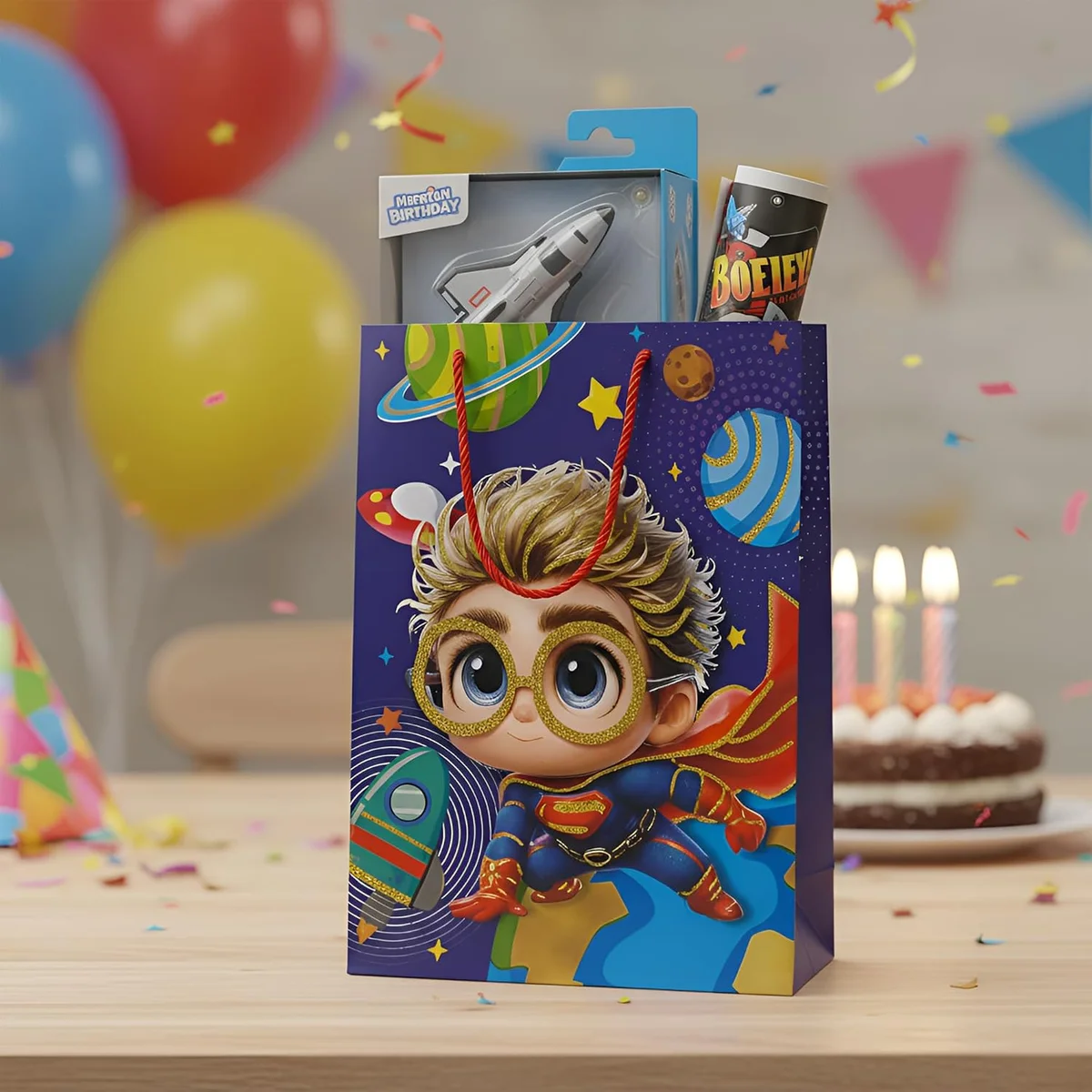 Set of 12 boys birthday gift bags in assorted sizes and colors with matte finish and reinforced paper handles