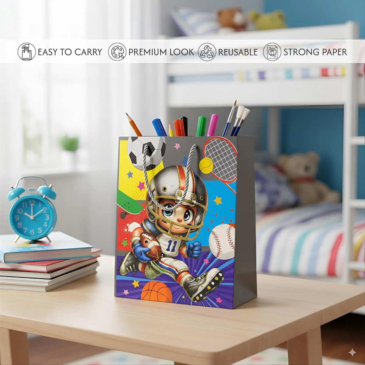 Twelve assorted gift bags in matte finish with reinforced handles in various sizes and colours for birthdays and gifts