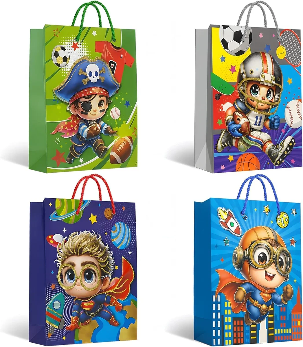 Assorted sizes and colours of matte finish gift bags with reinforced paper handles arranged on white background