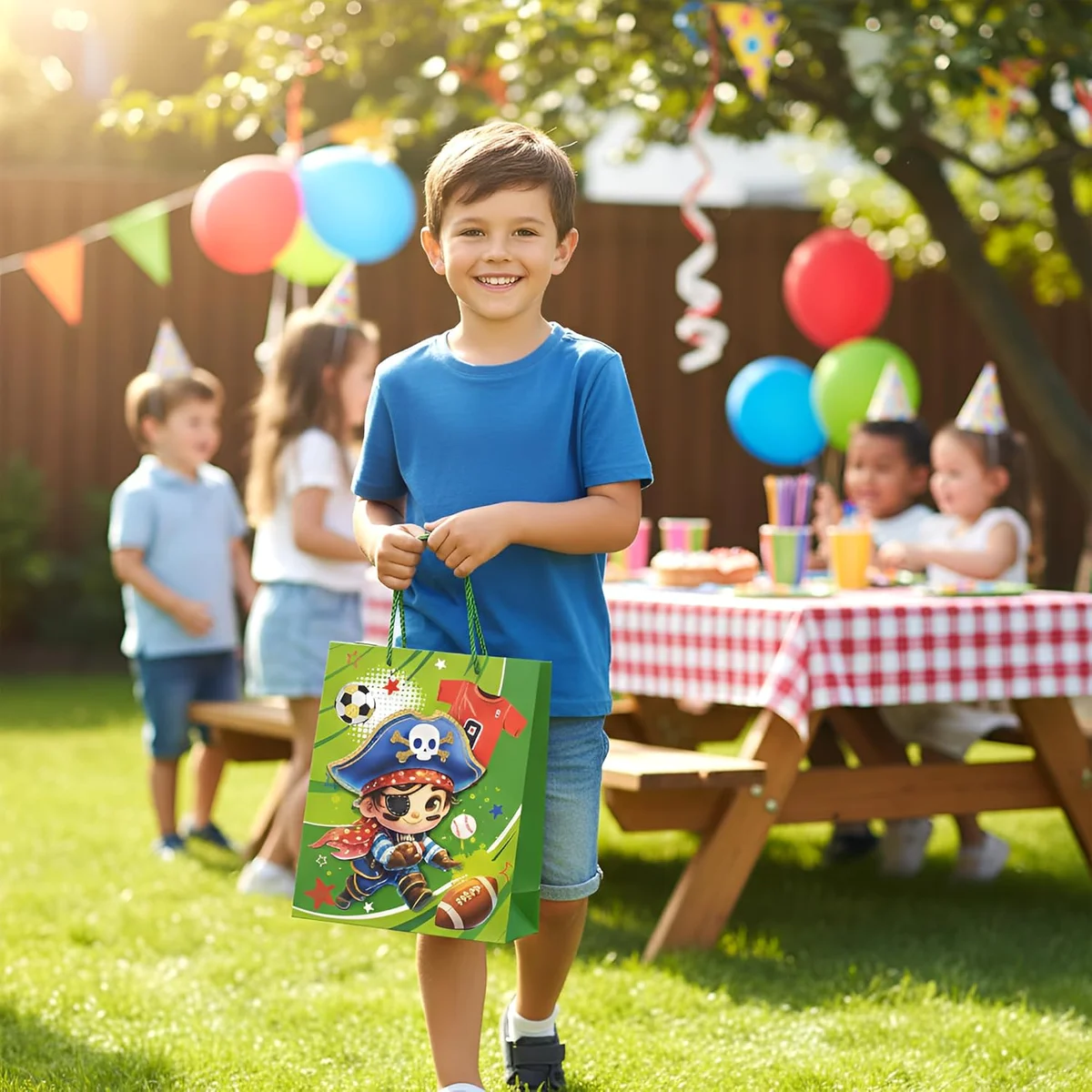 Set of 12 assorted matte finish boys birthday gift bags in small, medium, and large sizes with reinforced handles