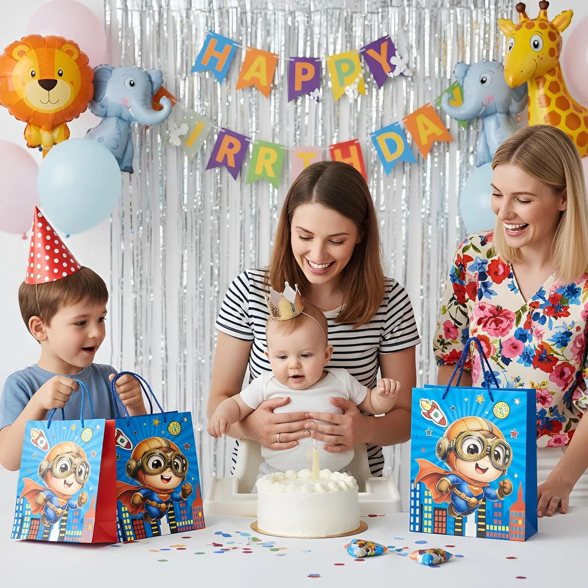 Assorted matte finish boys birthday gift bags in medium, small, and large sizes with reinforced handles, 12 pack