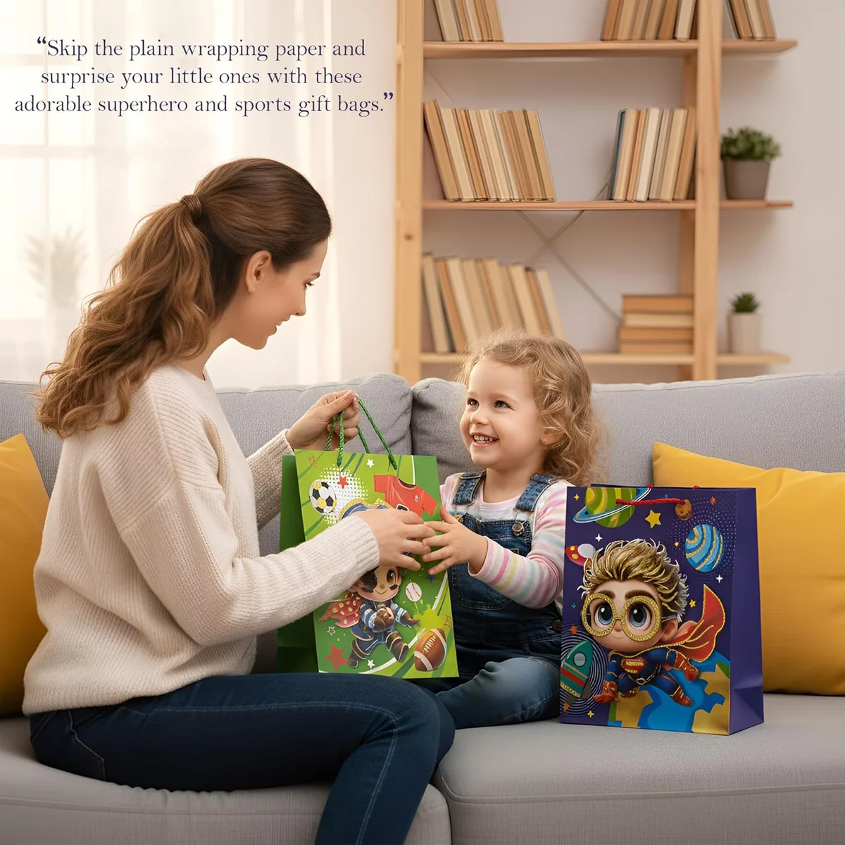 Assorted matte finish boys birthday gift bags in various sizes with reinforced paper handles, pack of 12 luxury bags