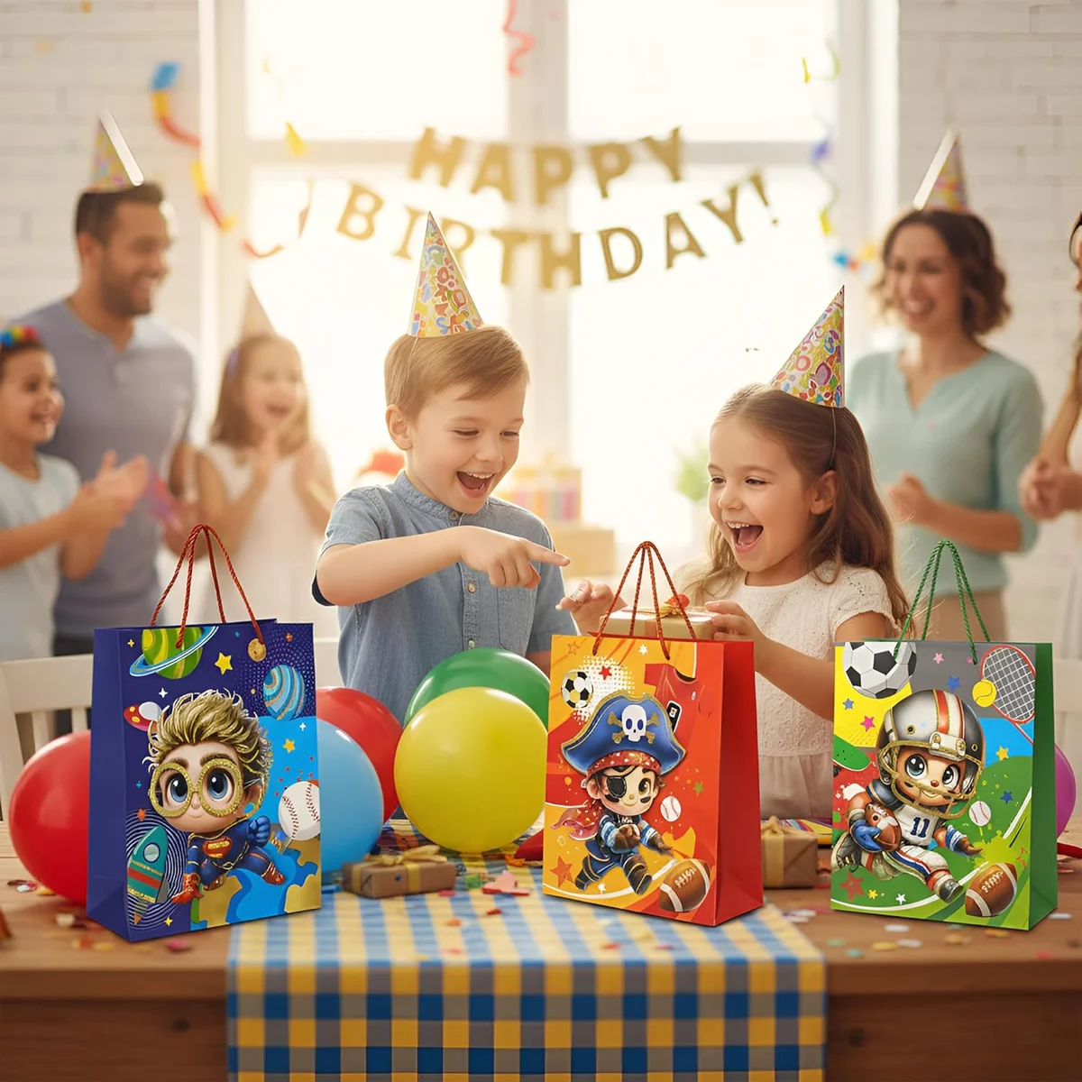 Assorted matte finish boys birthday gift bags in medium, small, and large sizes with reinforced handles, pack of 12