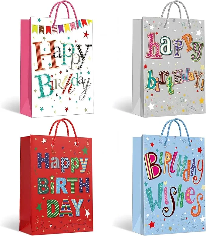 Assorted matte finish birthday gift bags in medium, small, and large sizes with reinforced paper handles, pack of 12