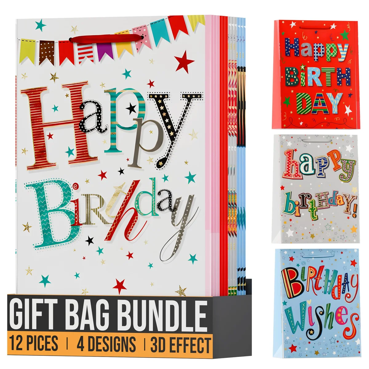 Twelve assorted gift bags in medium, small, and large sizes with reinforced paper handles and matte finish colors