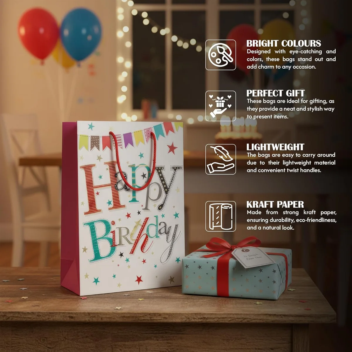 Assorted matte finish birthday gift bags in medium, small, and large sizes with reinforced paper handles, pack of 12
