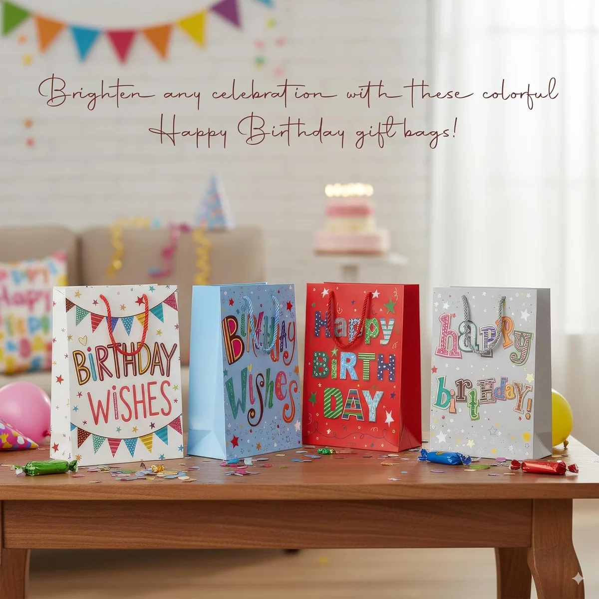 Assorted matte finish birthday gift bags in medium, small, and large sizes with reinforced paper handles, pack of 12