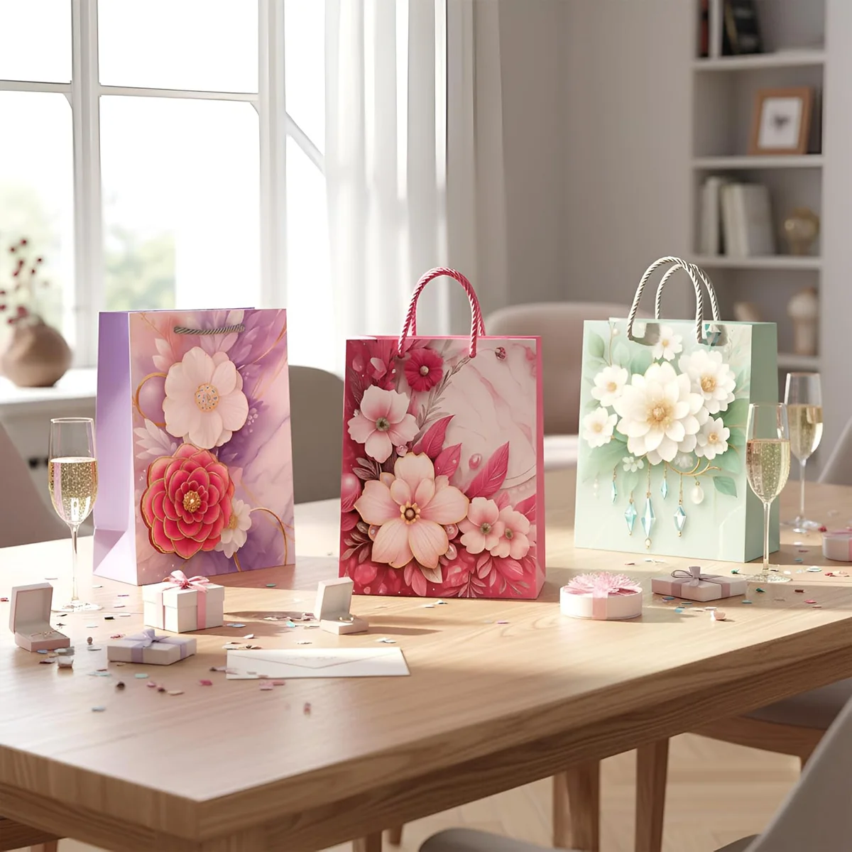 Assorted luxury gift bags with matte finish and reinforced paper handles in medium, small, and large sizes, pack of 12