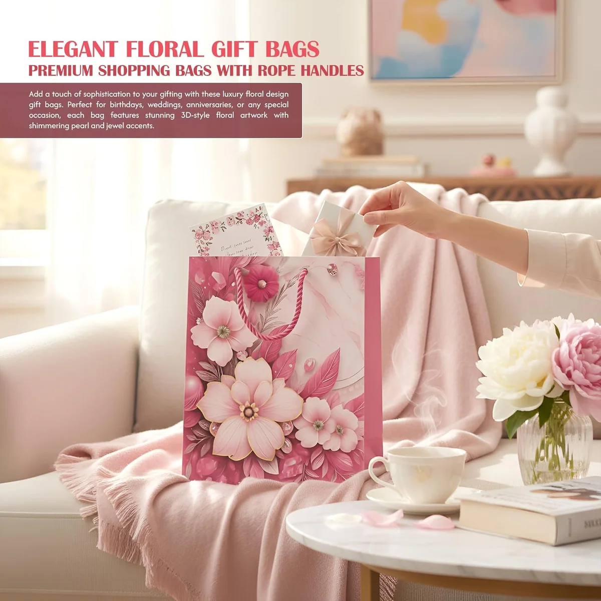 Assorted sizes and colours of luxury gift bags with matte finish and reinforced paper handles in a 12-pack set