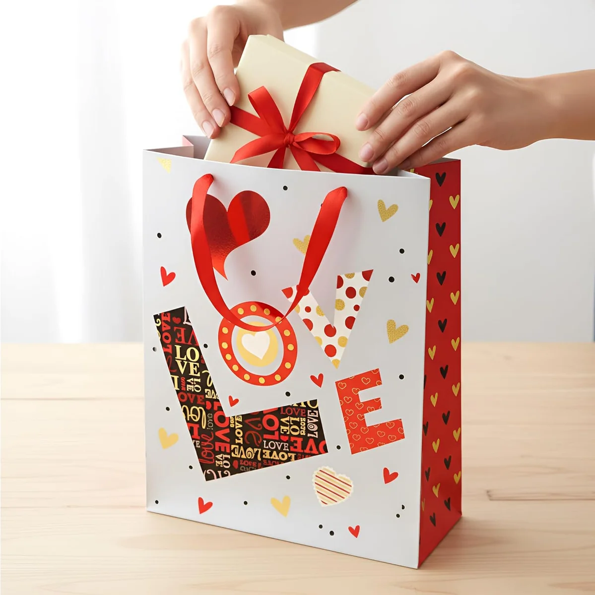 Assorted matte finish gift bags with love text in various sizes and colours, featuring reinforced paper handles