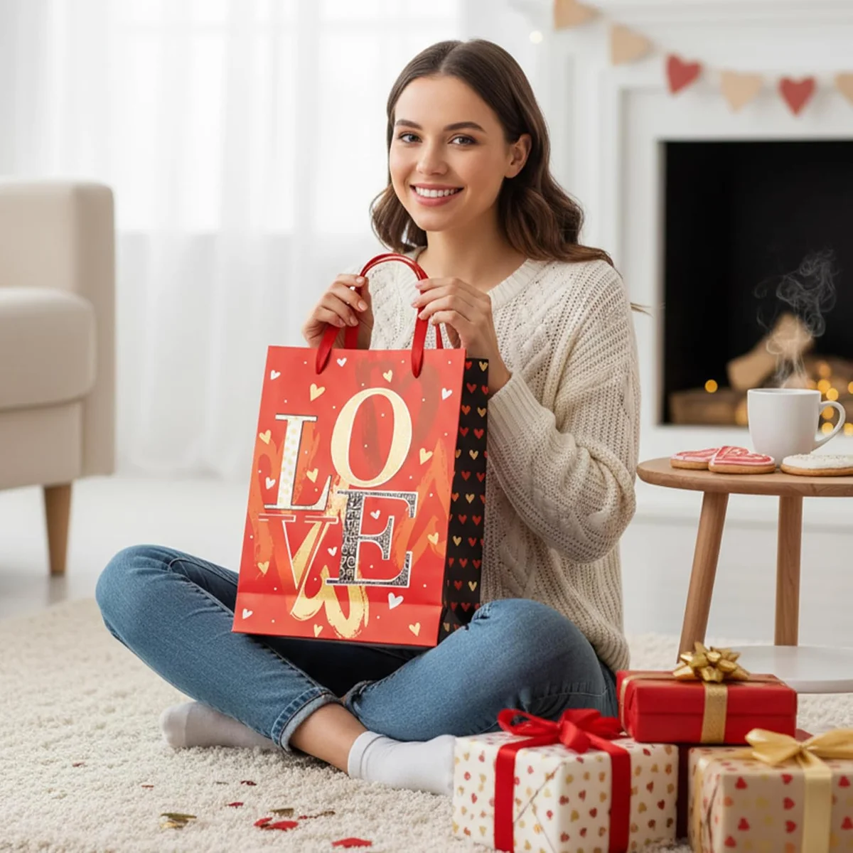 Assorted matte finish luxury gift bags with love text in medium, small, and large sizes with reinforced handles