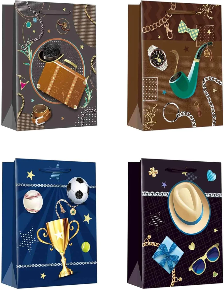 Twelve assorted gift bags in medium, small, and large sizes with matte finish and reinforced handles in various colours