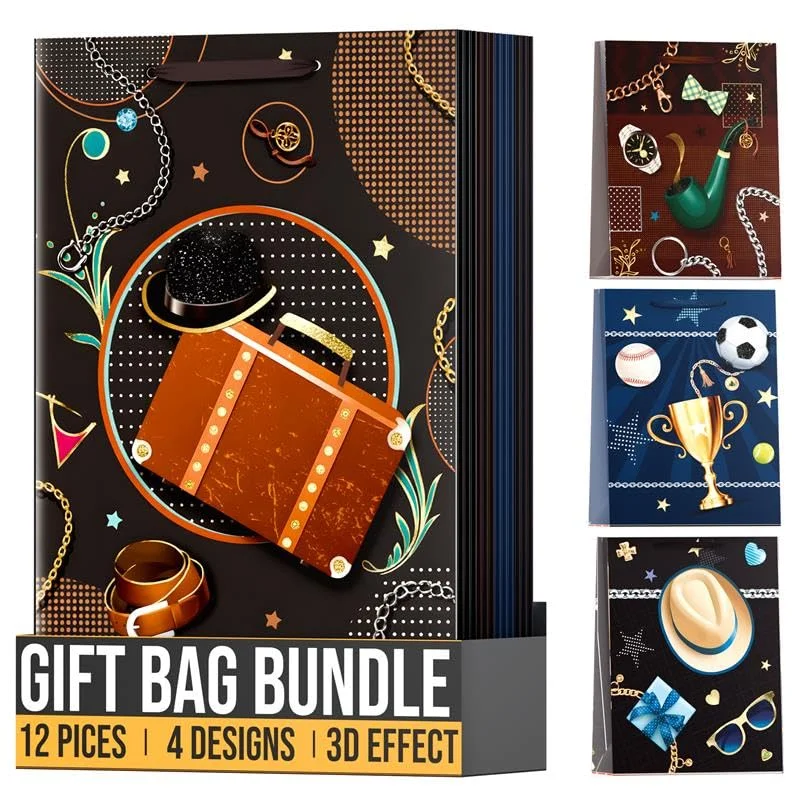 Assorted matte finish gift bags in medium, small, and large sizes with reinforced handles, arranged side by side