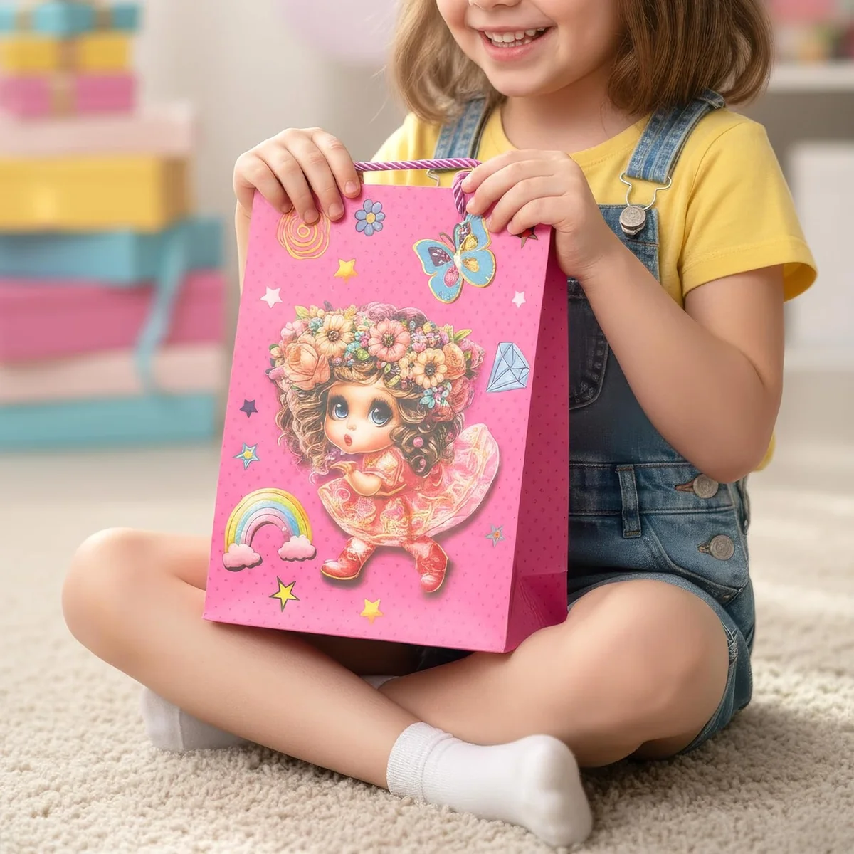 Assorted sizes and colours of matte finish gift bags with reinforced handles arranged for gifting occasions