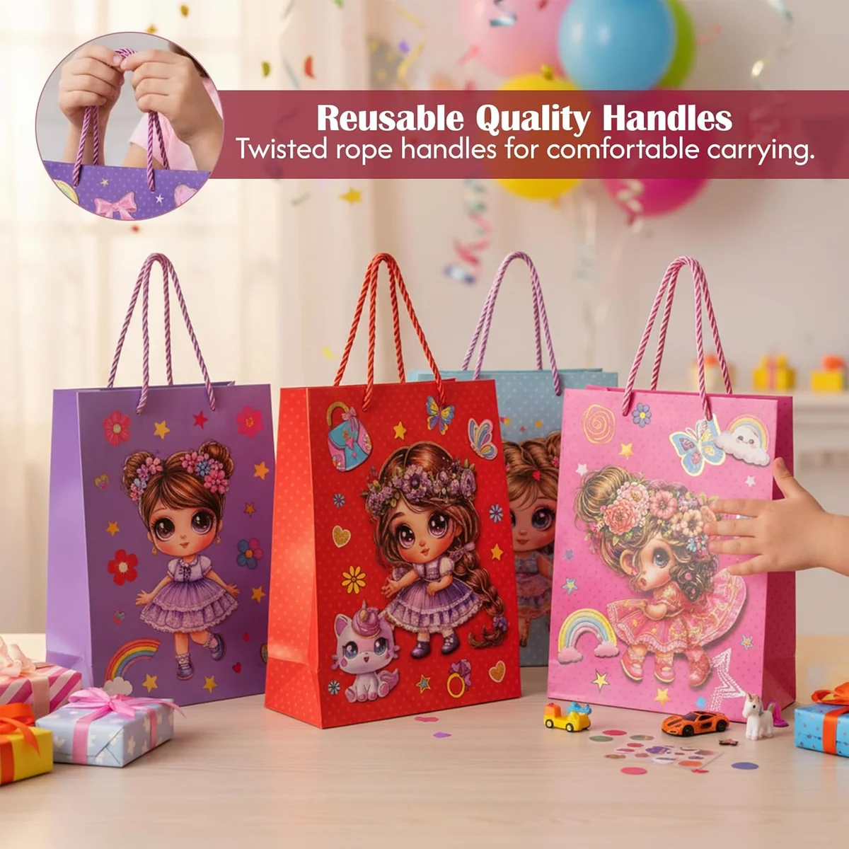 Assorted luxury gift bags in medium, small, and large sizes with matte finish and reinforced handles in various colors