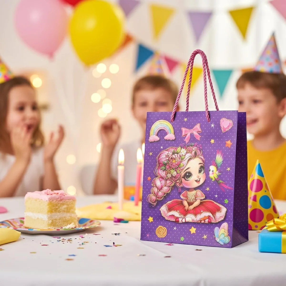 Set of 12 luxury gift bags in assorted sizes and colors with matte finish and reinforced paper handles arranged neatly