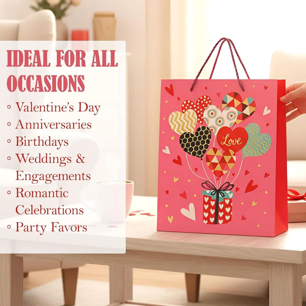 Assorted sizes of matte finish gift bags in modern colours with rope handles stacked together on white background