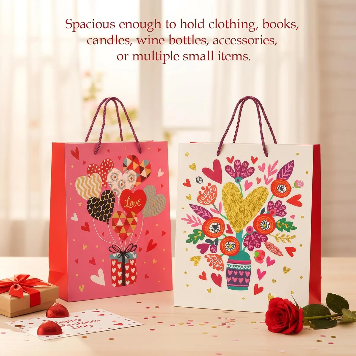 Assorted sizes and colours of premium matte finish kraft paper reusable gift bags with rope handles stacked together