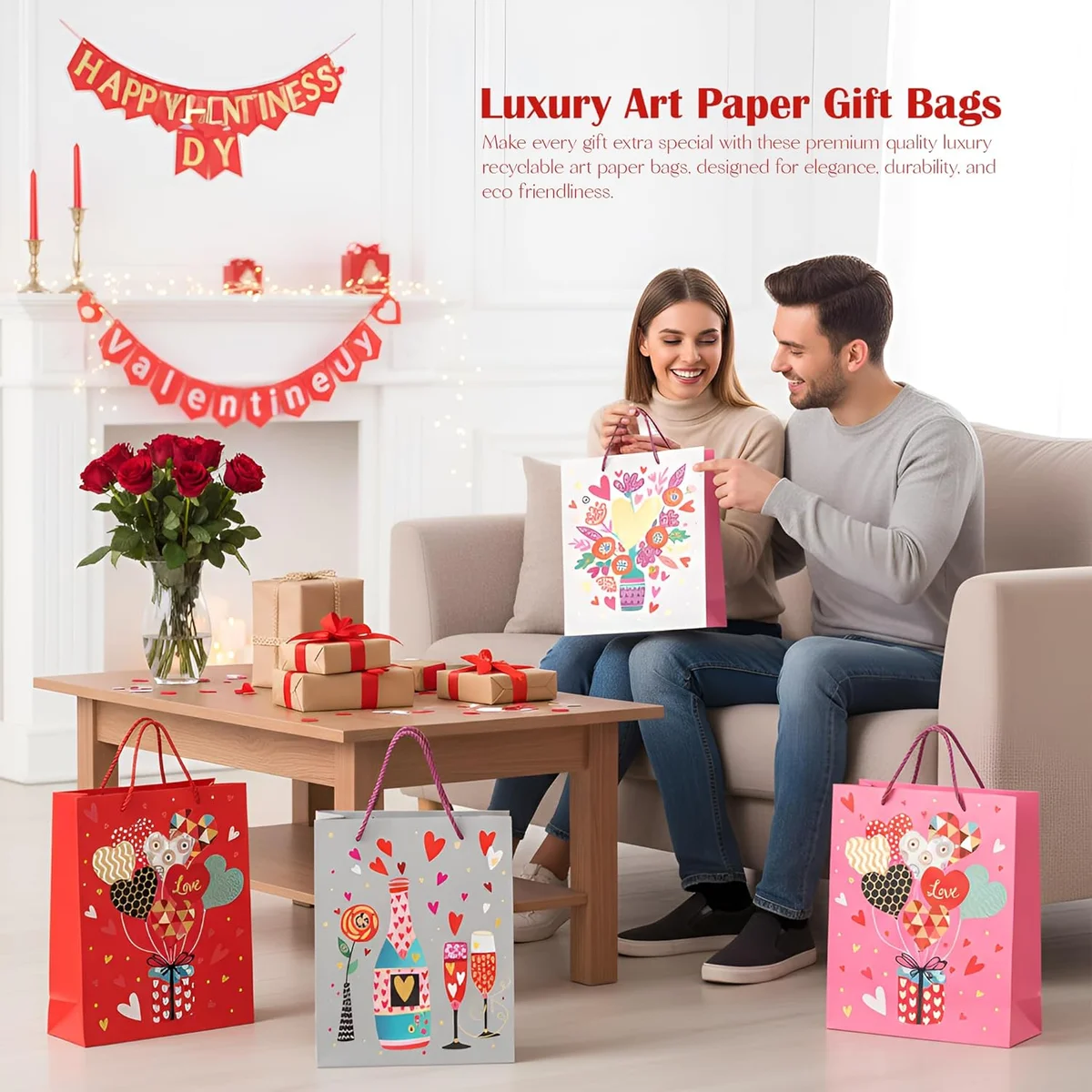 Assorted sizes of premium matte finish kraft paper gift bags with rope handles in chic colours, arranged neatly