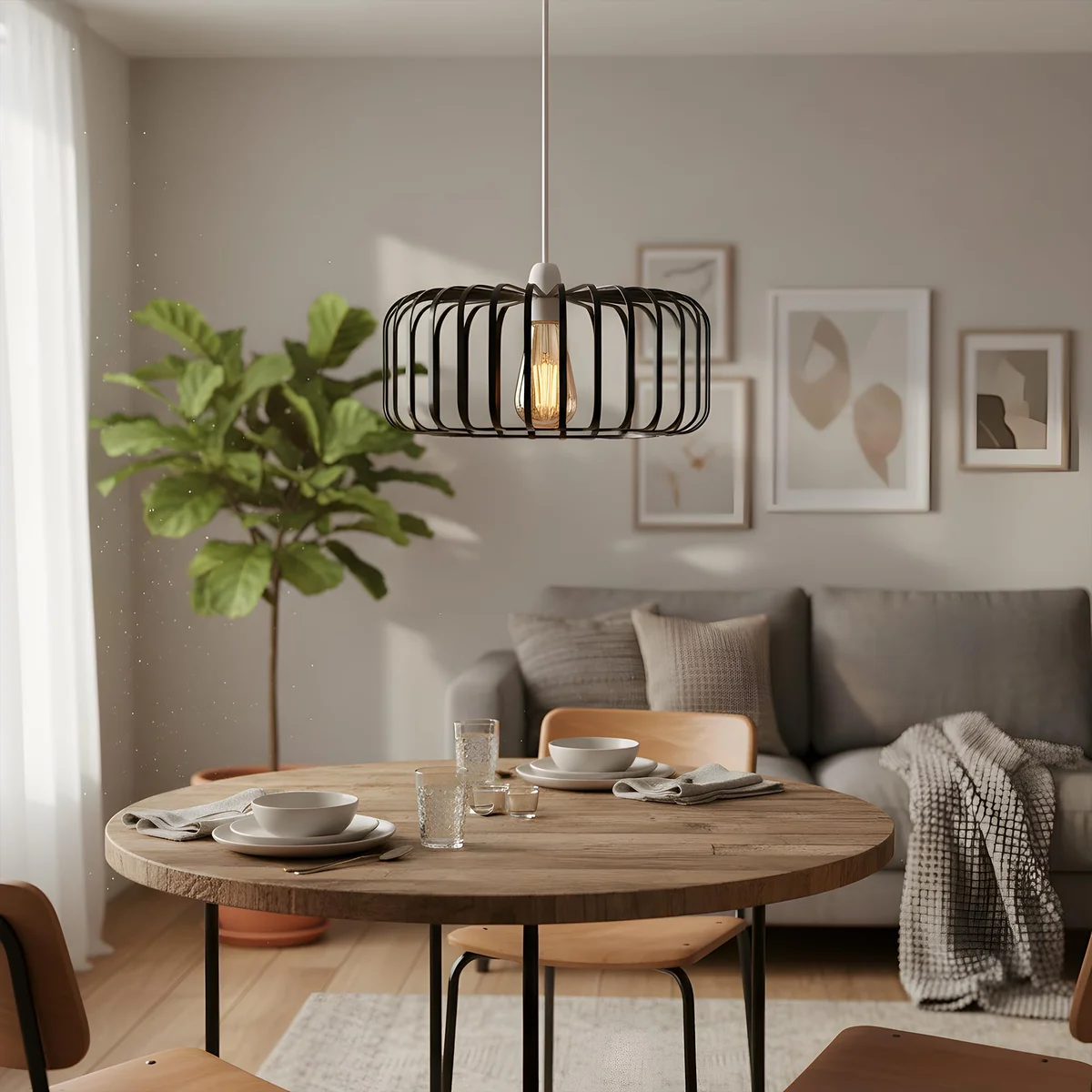 Black modern metal cage E27 pendant lampshade hanging from ceiling, showing open geometric design and lamp holder