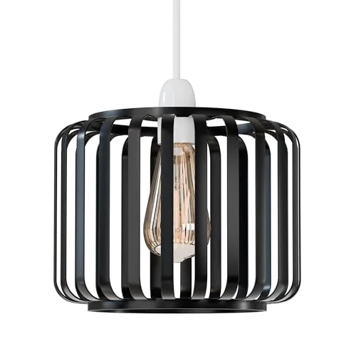 Black modern metal pendant lampshade with cage design for ceiling light, E27 base, shown hanging against white background