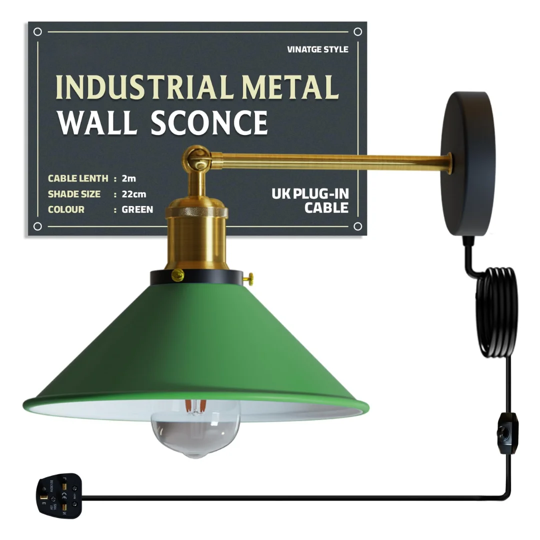 Industrial wall light with aluminium coolie shade, adjustable swing arm, and fabric flex with inline dimmer switch plugged in