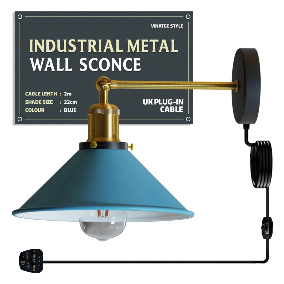 Retro industrial plug in wall light with adjustable swing arm, aluminium coolie shade, and inline dimmer switch in bold color