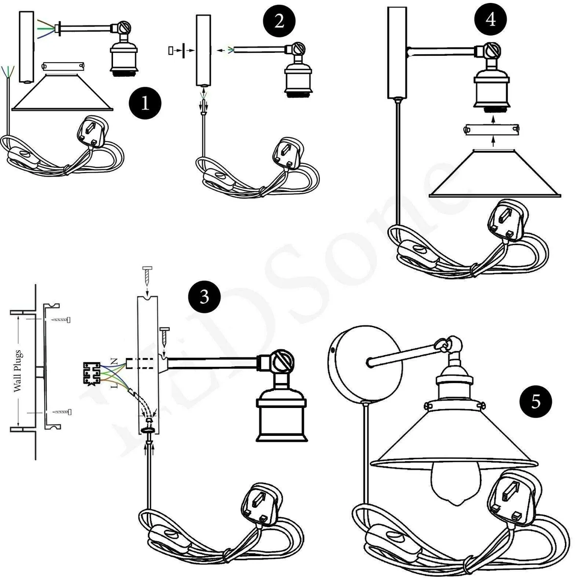 Industrial indoor swing arm lamp with adjustable 180° arm, aluminium coolie shade, and inline dimmer switch on braided cable
