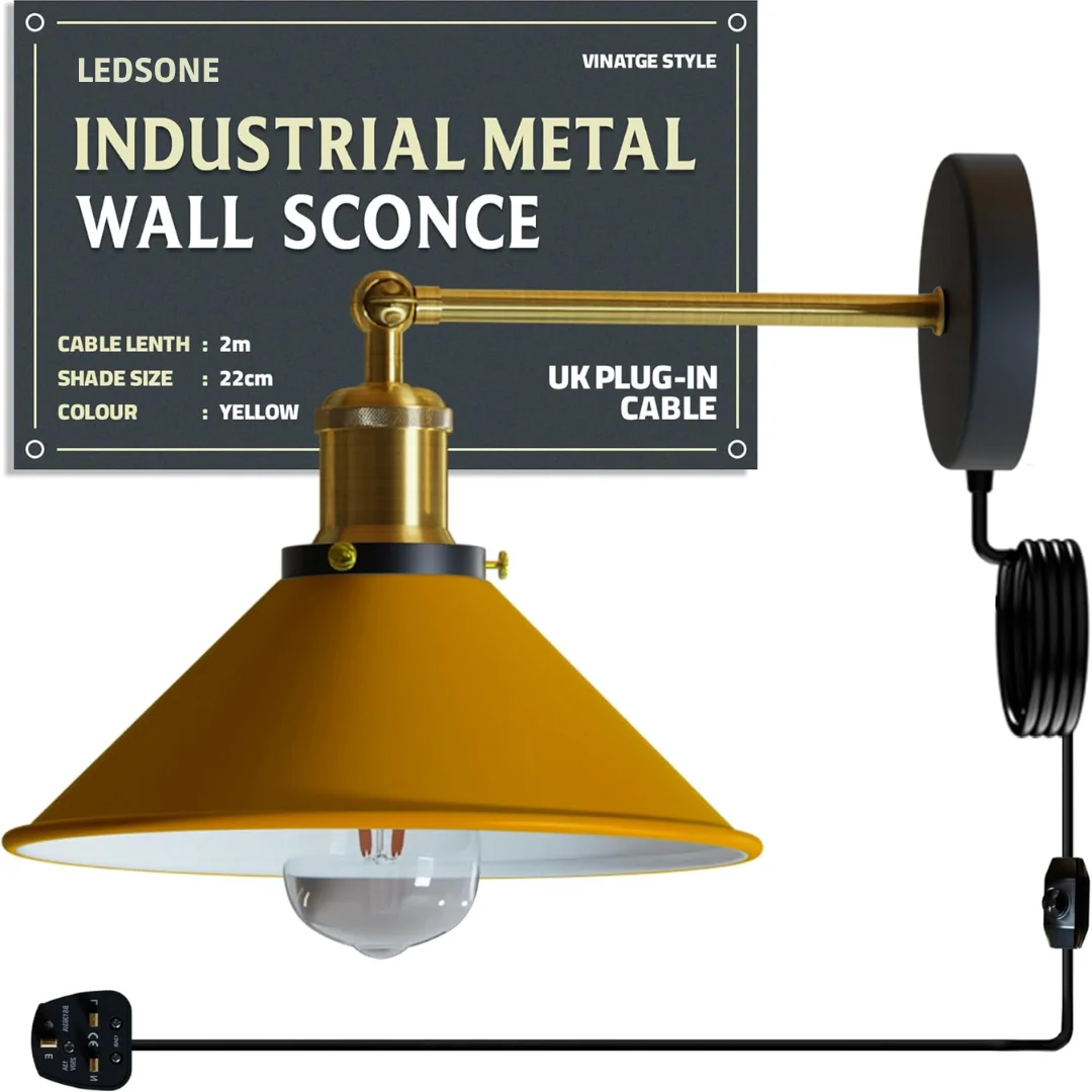 Coolie shade wall light with adjustable swing arm and dimmer switch, aluminium shade in retro industrial style plugged in on wall