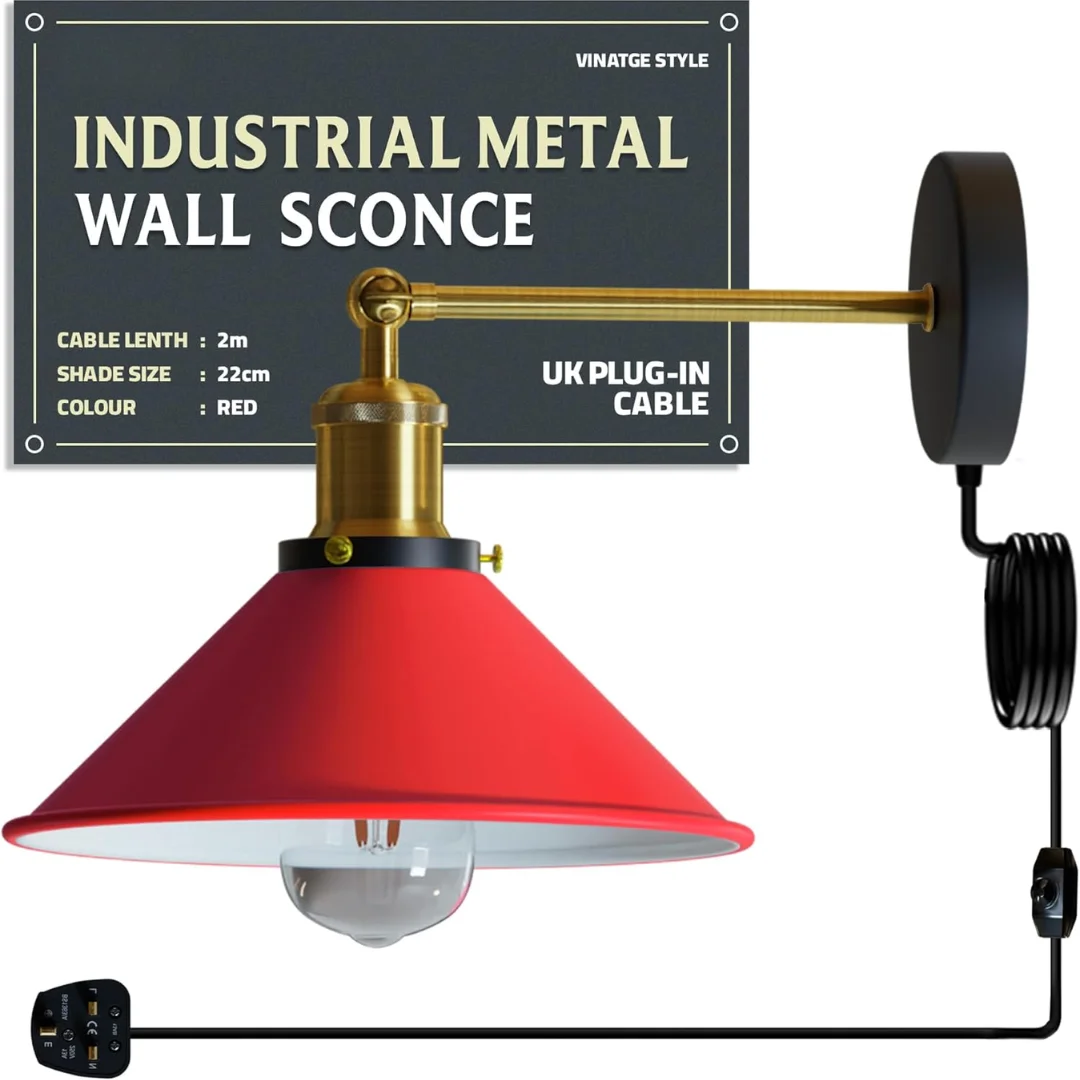 Adjustable industrial lamp with aluminium coolie shade and 180° swing arm mounted on a white wall with dimmer switch