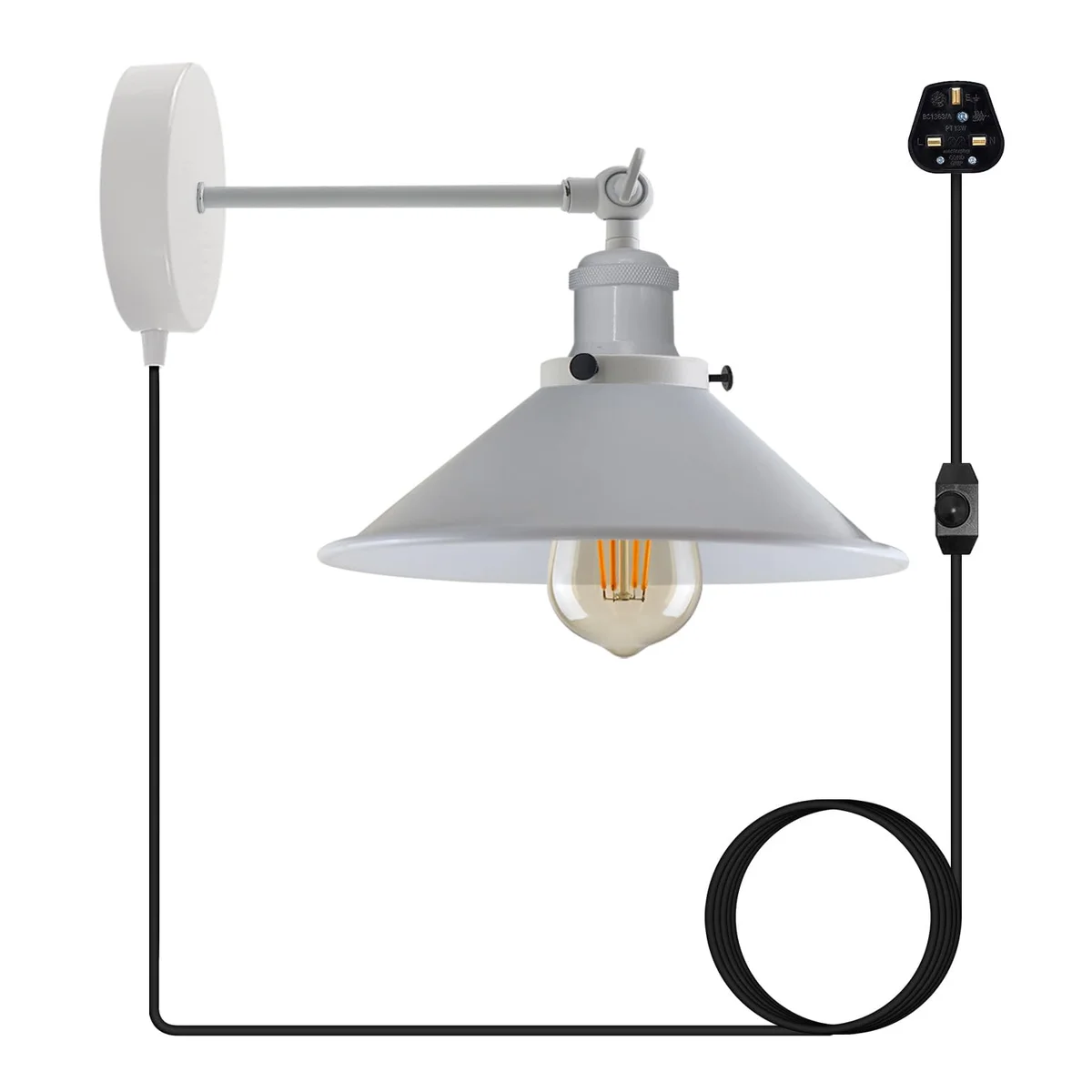 Industrial wall light with adjustable swing arm, aluminium coolie shade, and inline dimmer switch on braided fabric cable