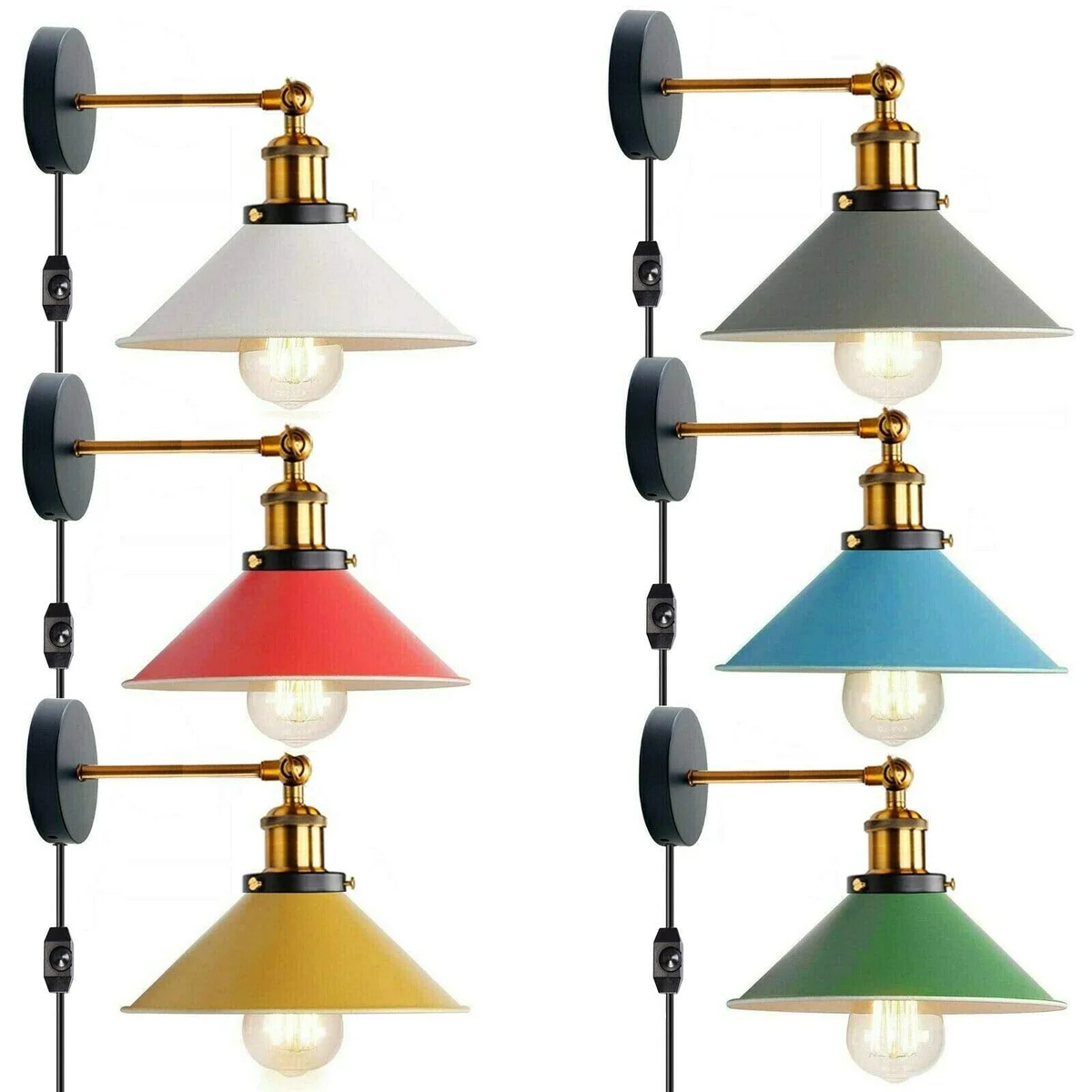 Industrial wall light with adjustable swing arm, aluminium coolie shade, and inline dimmer switch on braided fabric cable