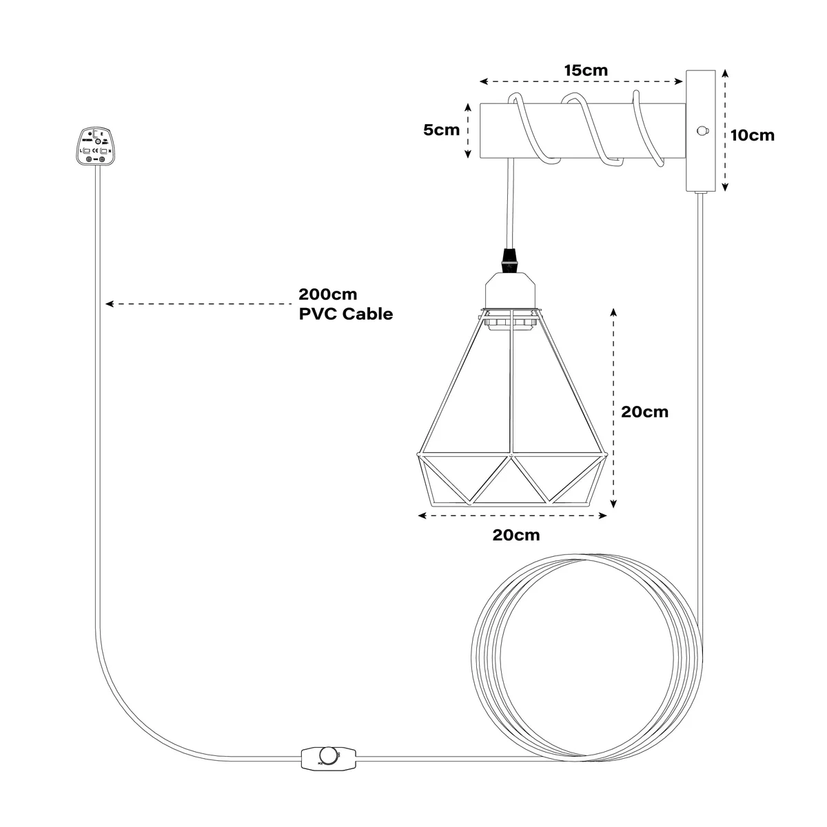 Vintage wall lamp with black wood and metal design, dimmable plug-in, E27 bulb base, 2m cord length, industrial style