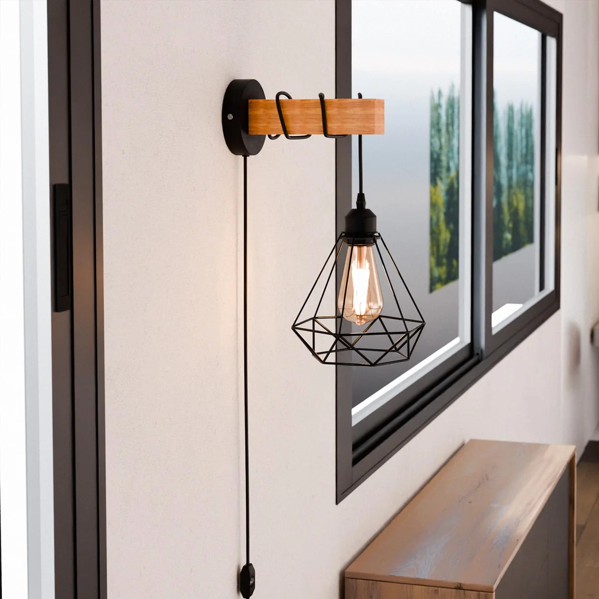 Black vintage industrial plug in wall light with wooden base and metal frame, dimmable with 2m cord and E27 bulb socket