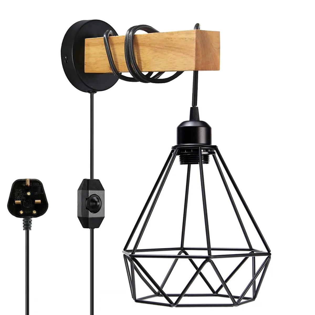 Black vintage industrial dimmable wall light with wooden base, metal frame, E27 bulb, and 2m plug-in cord