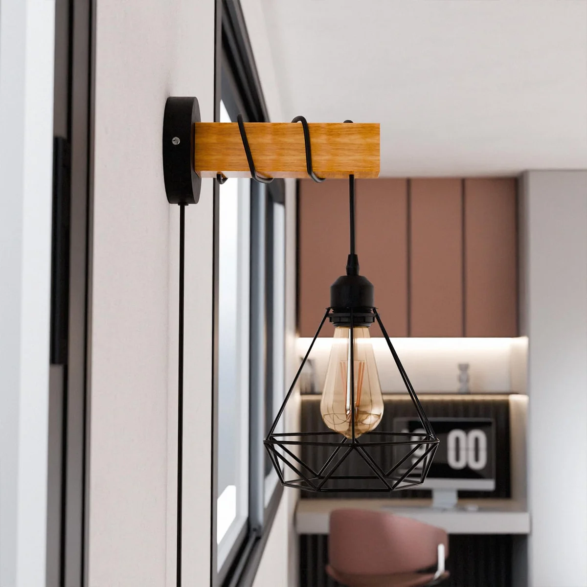 Black vintage industrial dimmable wall light with wooden base, metal frame, E27 bulb socket, and 2m plug-in cord