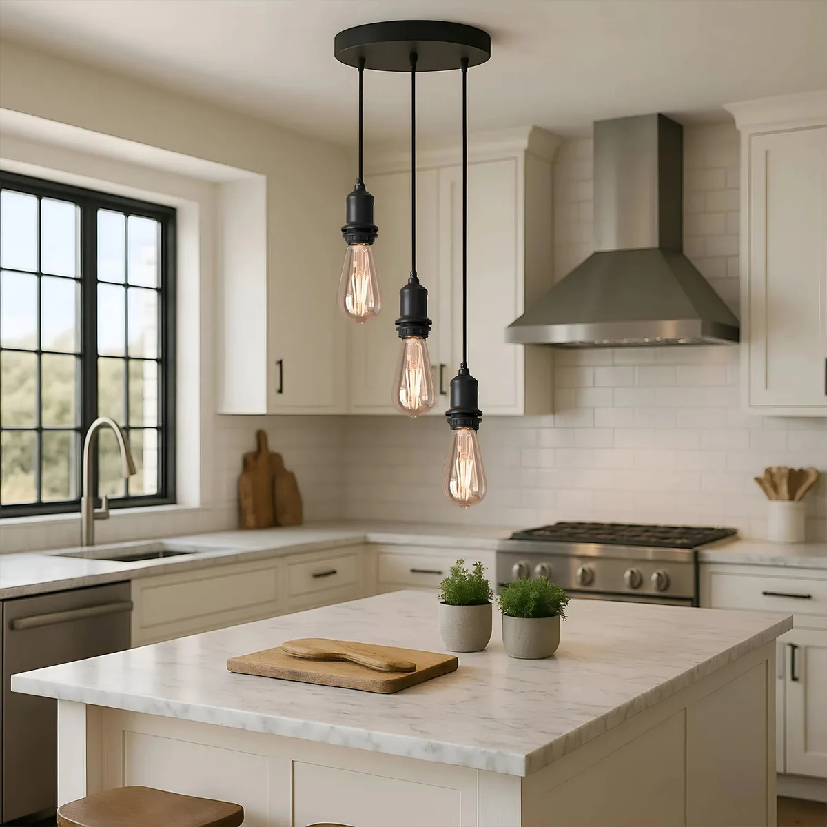 Black adjustable pendant light kit with 3 outlets, 1m cables, and industrial-style ceiling rose, metal and anti-rust design