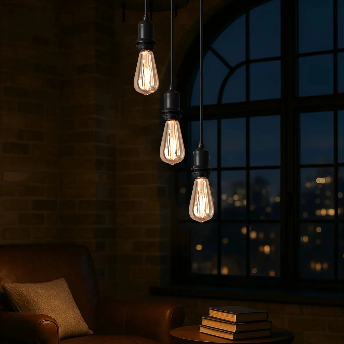 Black industrial ceiling rose with three adjustable 1m pendant cables and metal holders for E26 bulbs, no bulbs included