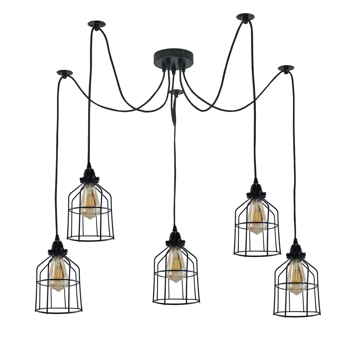 Black 5-light spider pendant light with metal and PVC design, 2m cables, and various light shades on ceiling plate