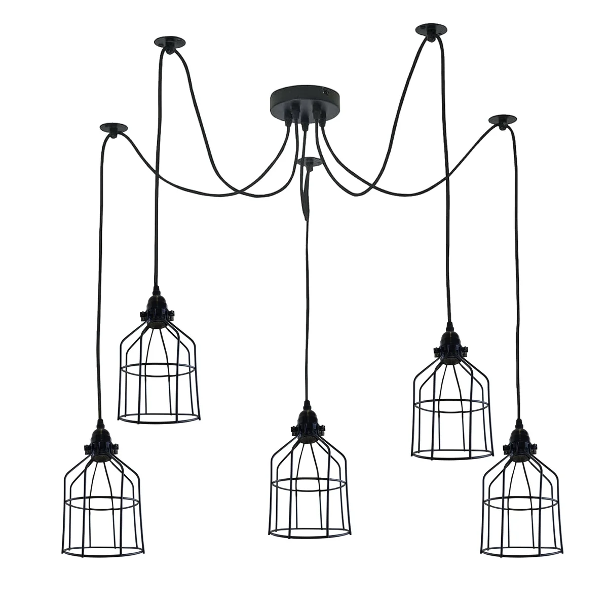 Multiple ceiling light fixture with five black metal arms, E27 holders, and 2m cables hanging from a round ceiling plate