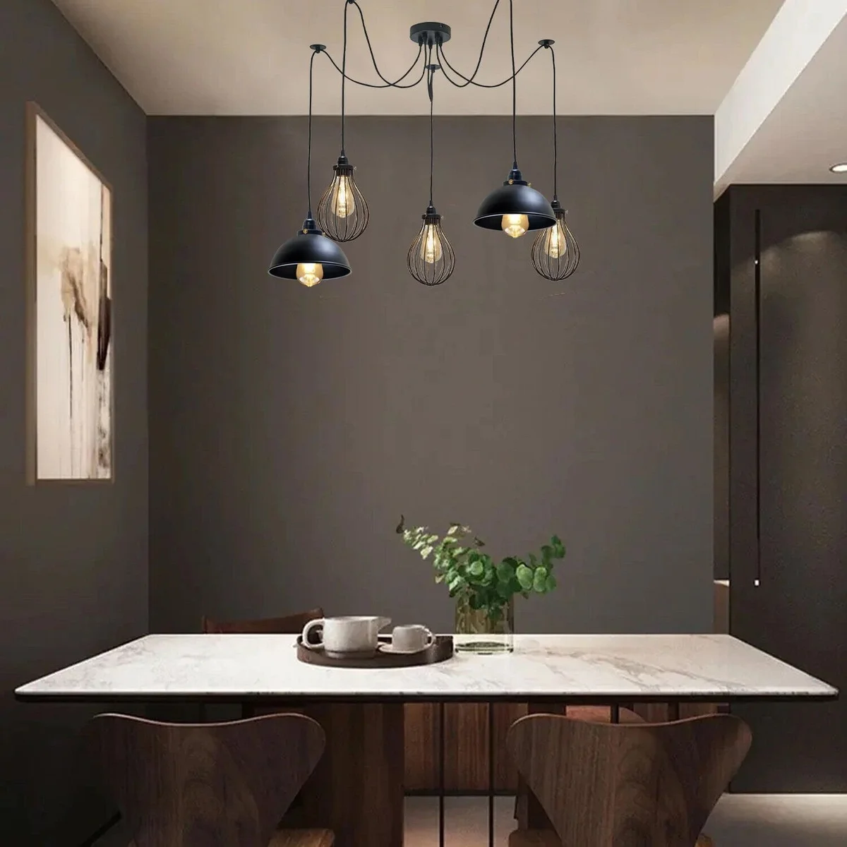 Black multi outlet pendant light with 5 spider-style E27 lamp holders and 2m cables hanging from a 20cm ceiling plate