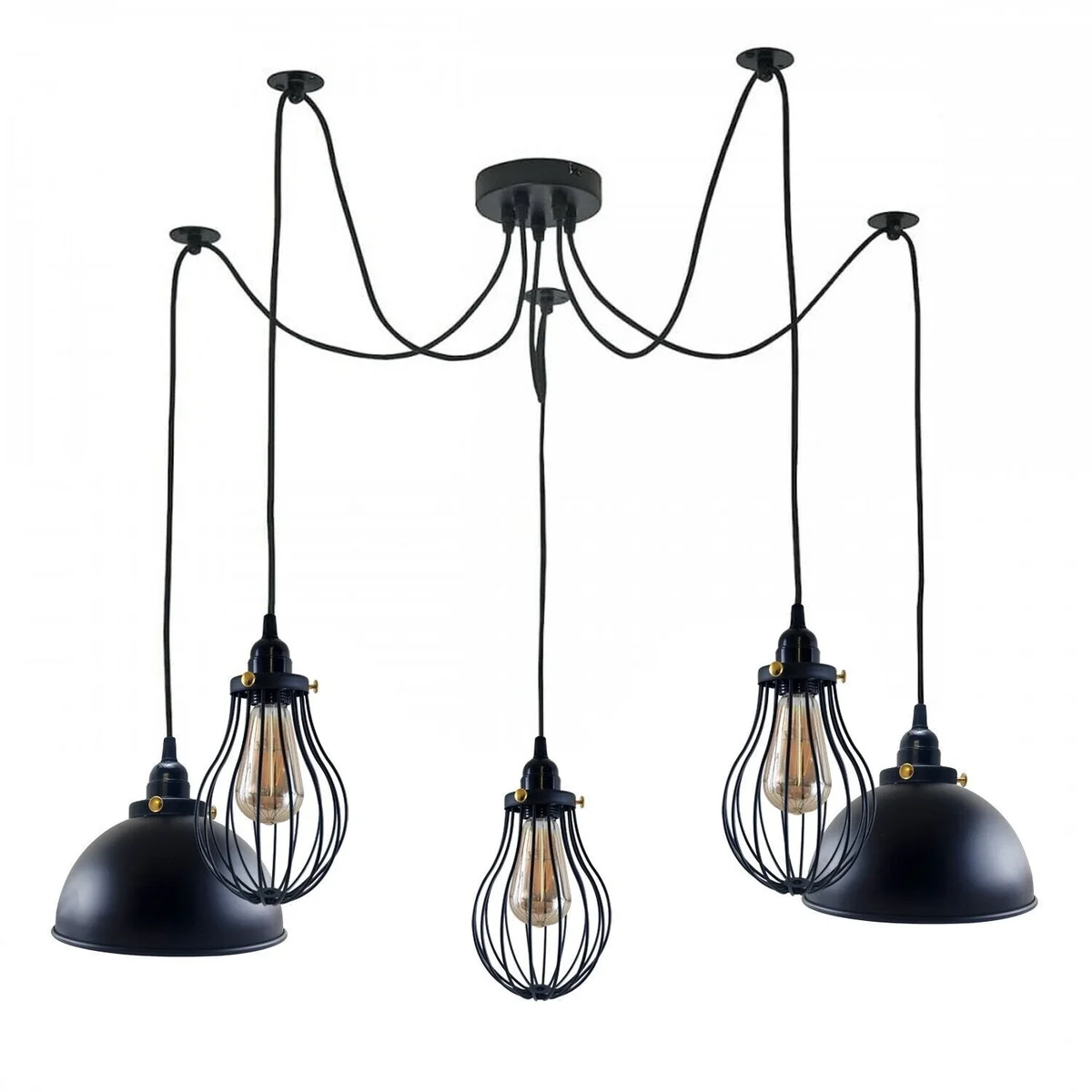 Black multi outlet spider pendant light with five E27 lamp holders and different light shades hanging from ceiling plate