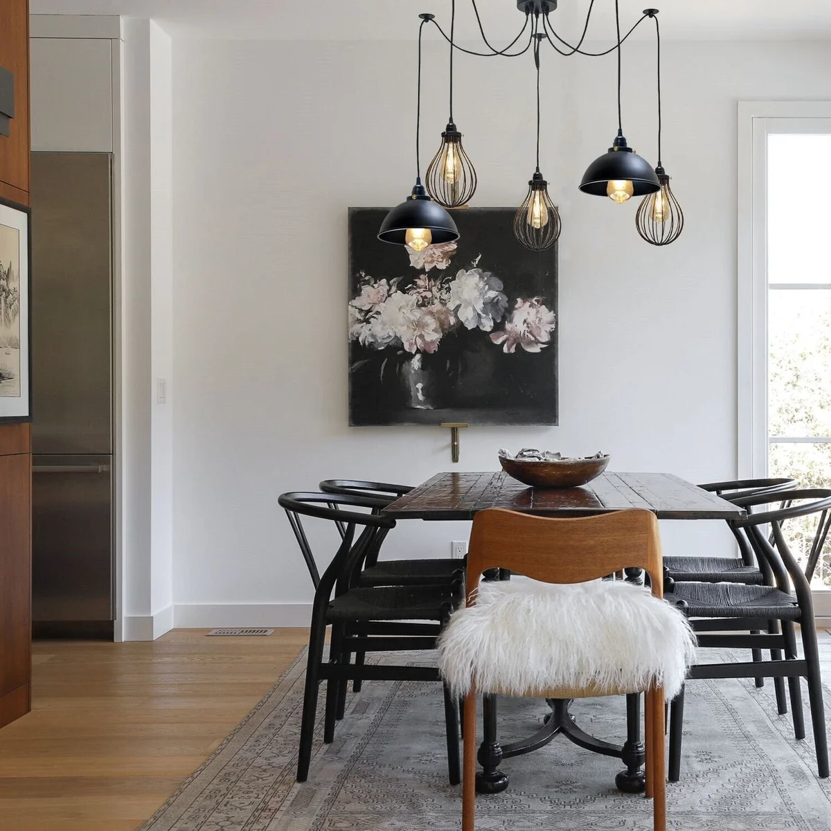 Black multi outlet hanging E27 ceiling light with five spider pendant lamps and 2m cables on white background