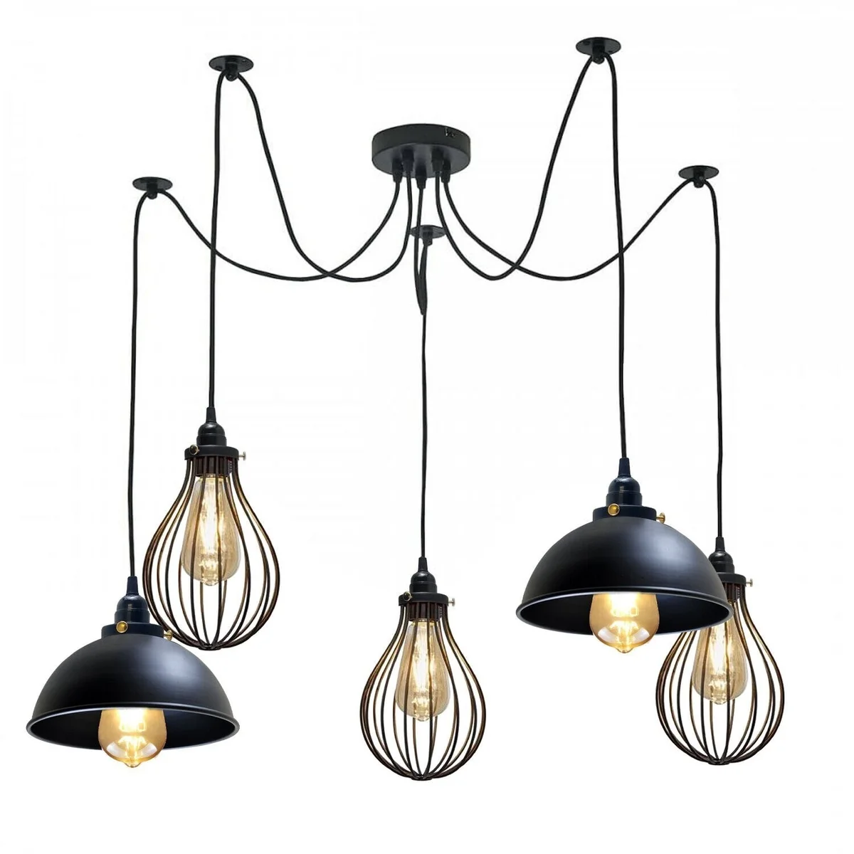Black metal pendant light with five E27 holders, various shades, and 2m cables hanging from ceiling plate