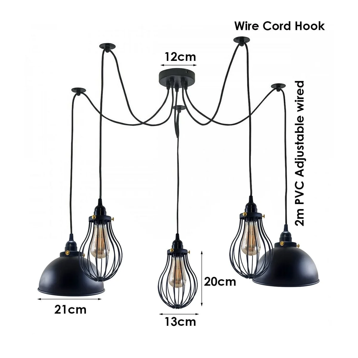 Black multi bulb hanging light with five spider pendant shades and 2m cables, designed for E27 bulbs
