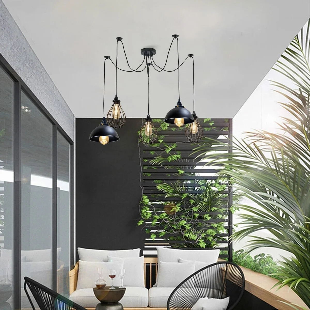 Black multi outlet hanging decorative ceiling lamp with five E27 holders and varied light shades on 2m cables